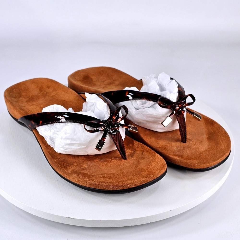 Vionic Bella II Tortoise Shell Patent Bow Sandals Womens 8 Brown Orthotic Thong